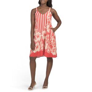 LA RAGAZZE Red/white Linen Blend Sleeveless Floral Print Midi Dress